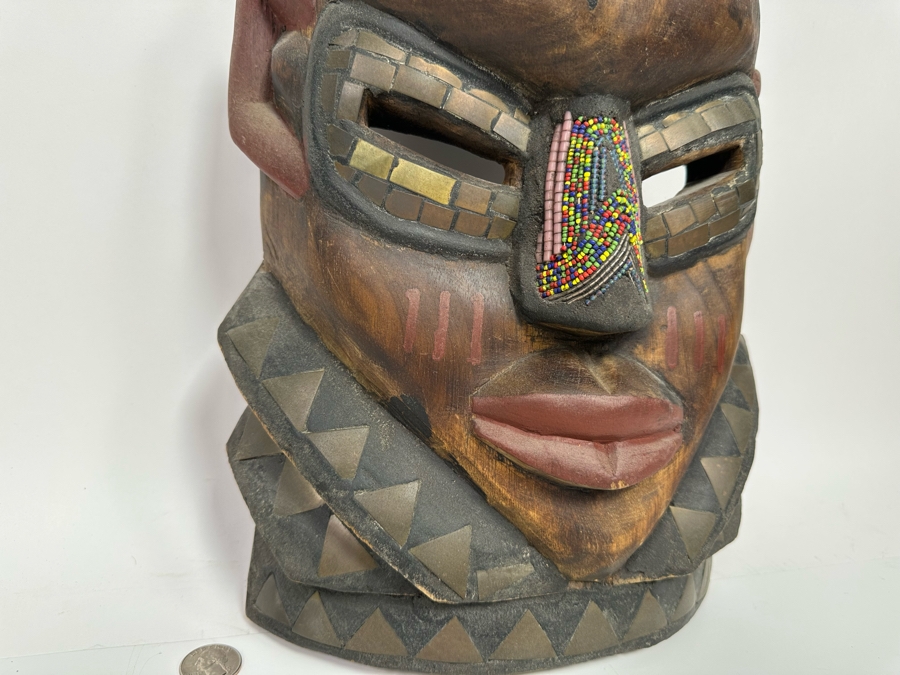 Vintage Large Handmade Wooden African Beaded Mask With Brass Ornamentation From Ghana 10.5W X 4D X 26H [Photo 9]