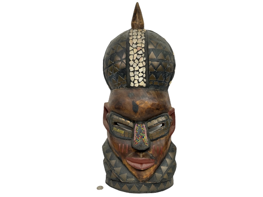 Vintage Large Handmade Wooden African Beaded Mask With Brass Ornamentation From Ghana 10.5W X 4D X 26H