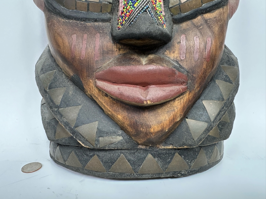 Vintage Large Handmade Wooden African Beaded Mask With Brass Ornamentation From Ghana 10.5W X 4D X 26H [Photo 5]