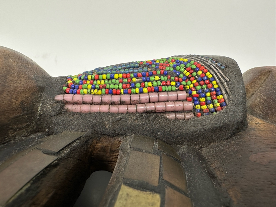 Vintage Large Handmade Wooden African Beaded Mask With Brass Ornamentation From Ghana 10.5W X 4D X 26H [Photo 11]