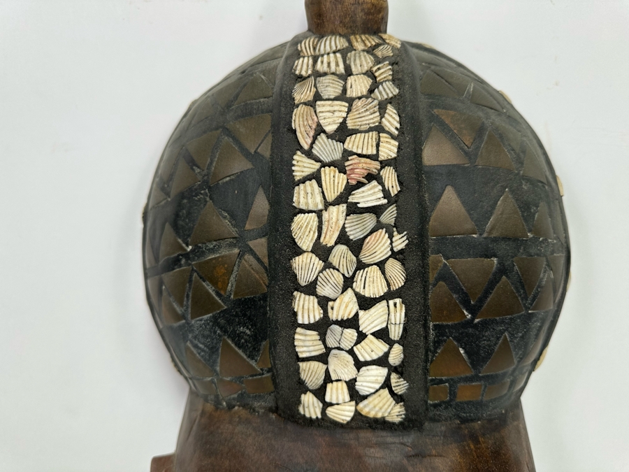 Vintage Large Handmade Wooden African Beaded Mask With Brass Ornamentation From Ghana 10.5W X 4D X 26H [Photo 6]