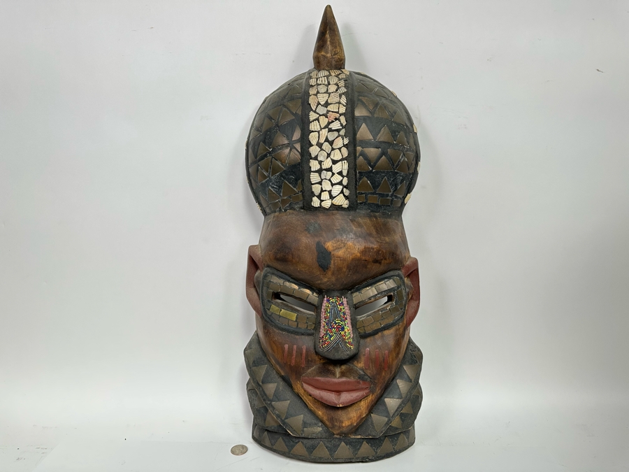 Vintage Large Handmade Wooden African Beaded Mask With Brass Ornamentation From Ghana 10.5W X 4D X 26H [Photo 2]