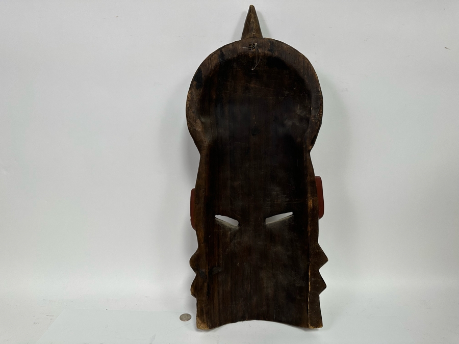 Vintage Large Handmade Wooden African Beaded Mask With Brass Ornamentation From Ghana 10.5W X 4D X 26H [Photo 10]