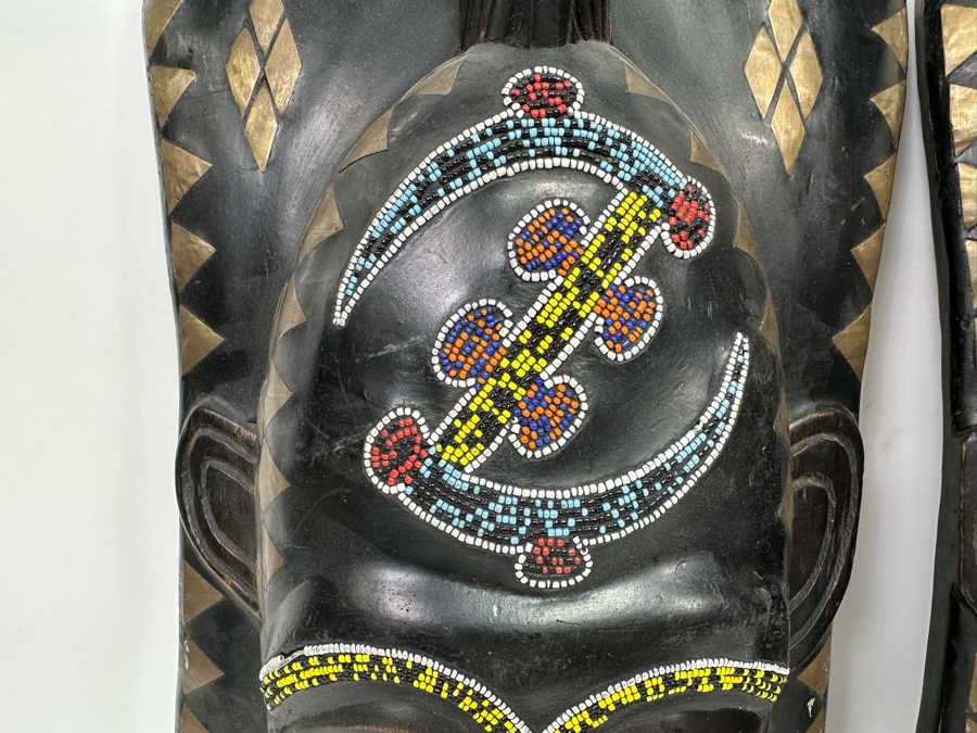 Pair Of Vintage Handmade Wooden African Beaded Masks With Brass Ornamentation From Ghana 11W X 4D X 18H [Photo 7]