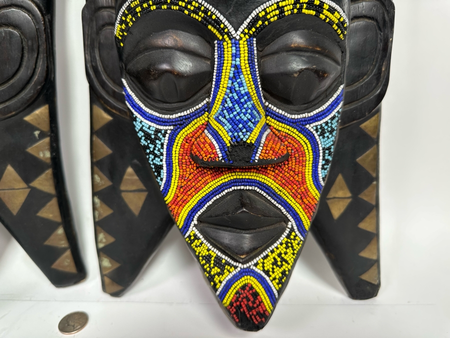 Pair Of Vintage Handmade Wooden African Beaded Masks With Brass Ornamentation From Ghana 11W X 4D X 18H [Photo 4]