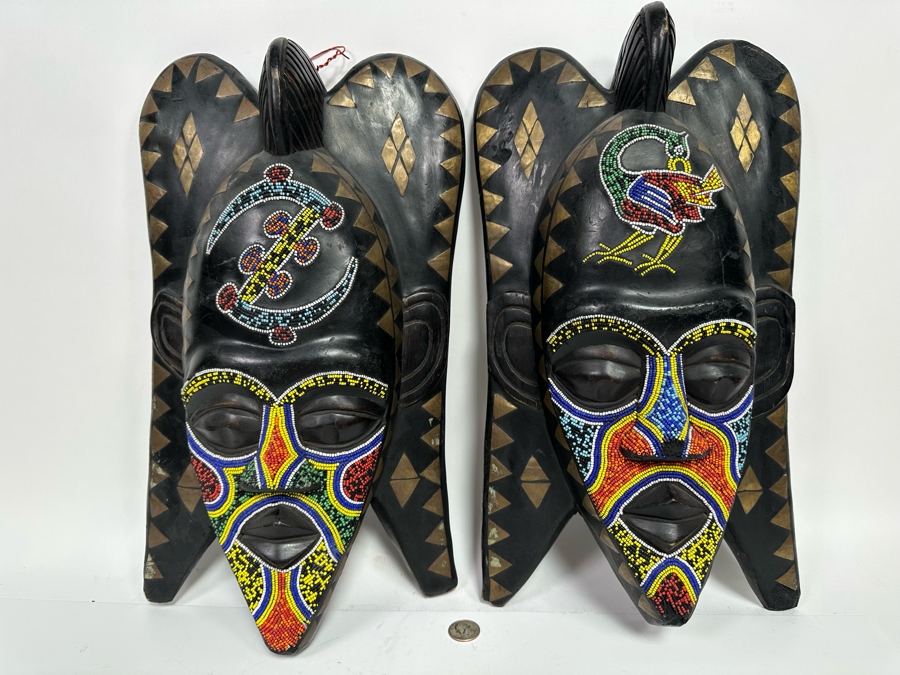 Pair Of Vintage Handmade Wooden African Beaded Masks With Brass Ornamentation From Ghana 11W X 4D X 18H [Photo 3]