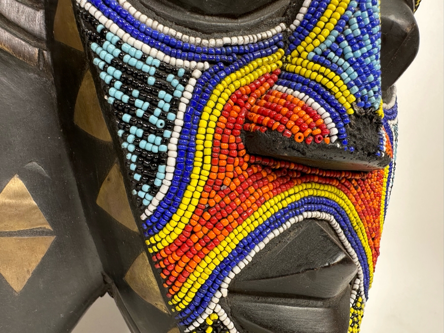 Pair Of Vintage Handmade Wooden African Beaded Masks With Brass Ornamentation From Ghana 11W X 4D X 18H [Photo 6]