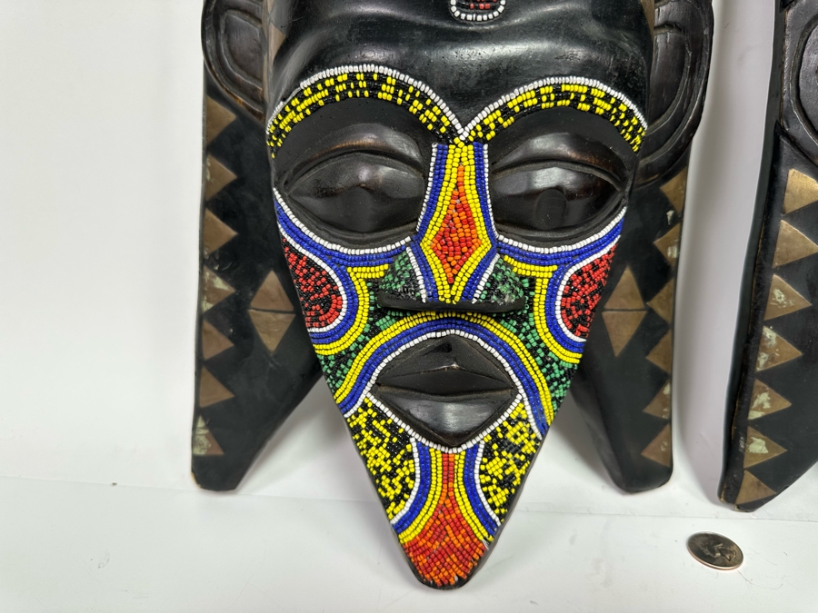 Pair Of Vintage Handmade Wooden African Beaded Masks With Brass Ornamentation From Ghana 11W X 4D X 18H [Photo 8]