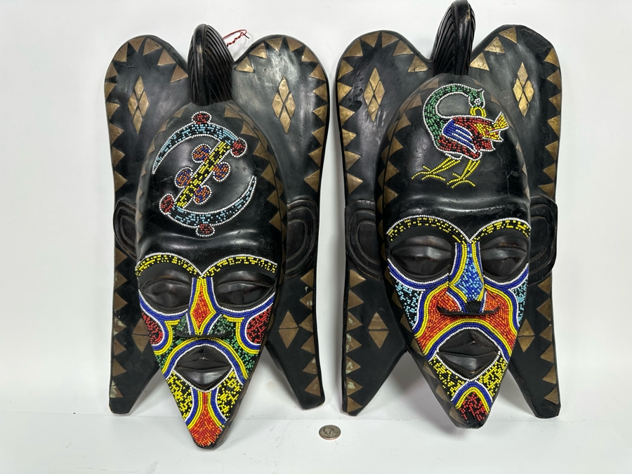 Pair Of Vintage Handmade Wooden African Beaded Masks With Brass Ornamentation From Ghana 11W X 4D X 18H [Photo 2]