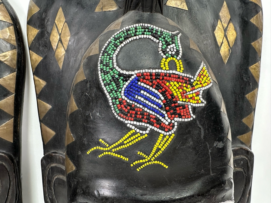 Pair Of Vintage Handmade Wooden African Beaded Masks With Brass Ornamentation From Ghana 11W X 4D X 18H [Photo 5]