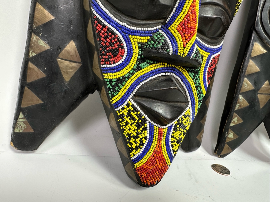 Pair Of Vintage Handmade Wooden African Beaded Masks With Brass Ornamentation From Ghana 11W X 4D X 18H [Photo 9]