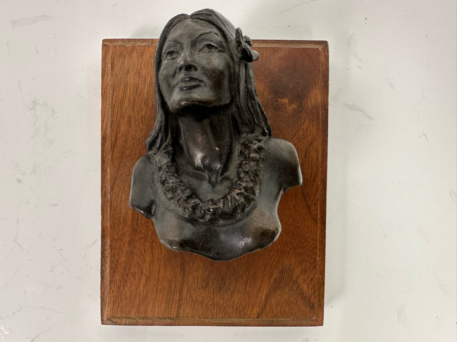 Ralph Crawford Limited Edition Bronze Bust Of Hawaiian Girl 20/100 Vintage 1979 Mounted On Small Wooden Plaque 3H [Photo 2]