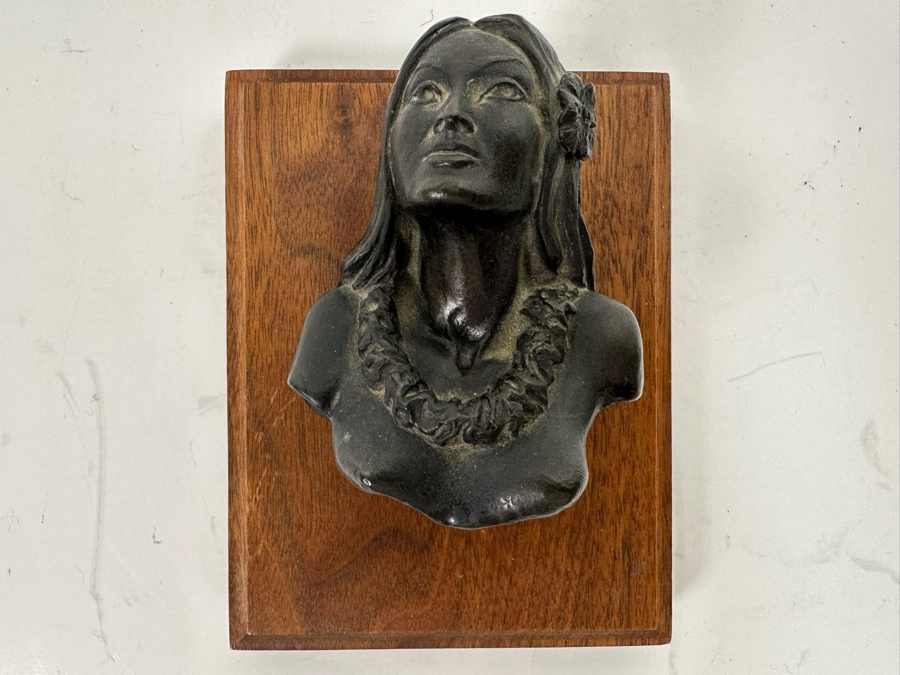 Ralph Crawford Limited Edition Bronze Bust Of Hawaiian Girl 41/100 Vintage 1979 Mounted On Small Wooden Plaque 3H [Photo 3]