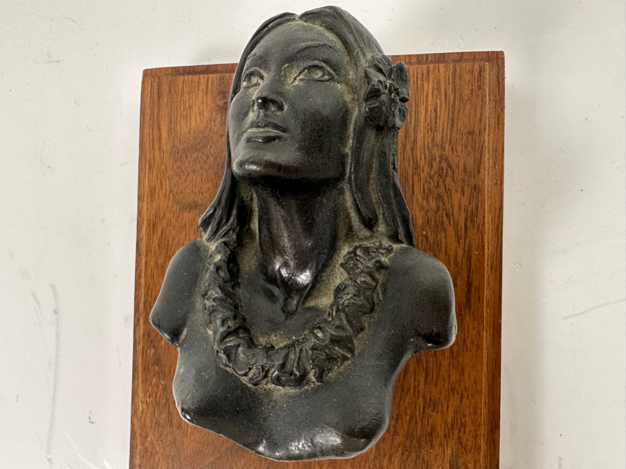 Ralph Crawford Limited Edition Bronze Bust Of Hawaiian Girl 41/100 Vintage 1979 Mounted On Small Wooden Plaque 3H [Photo 4]