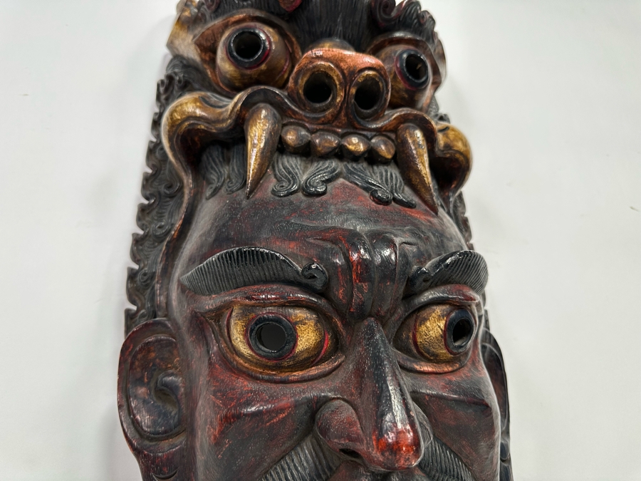 Incredible Hand Carved Far Eastern Wooden Two Faced Mask With Dragon Top 12.5W X 6D X 30.5H [Photo 10]