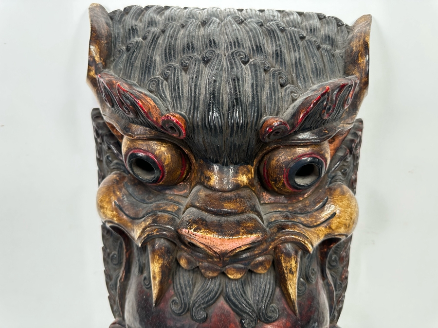 Incredible Hand Carved Far Eastern Wooden Two Faced Mask With Dragon Top 12.5W X 6D X 30.5H [Photo 7]