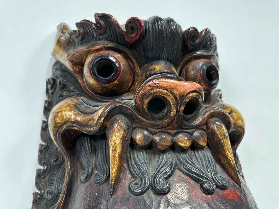 Incredible Hand Carved Far Eastern Wooden Two Faced Mask With Dragon Top 12.5W X 6D X 30.5H [Photo 9]