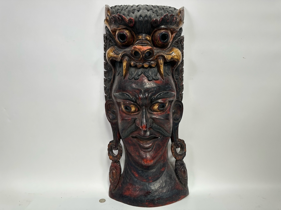 Incredible Hand Carved Far Eastern Wooden Two Faced Mask With Dragon Top 12.5W X 6D X 30.5H [Photo 3]