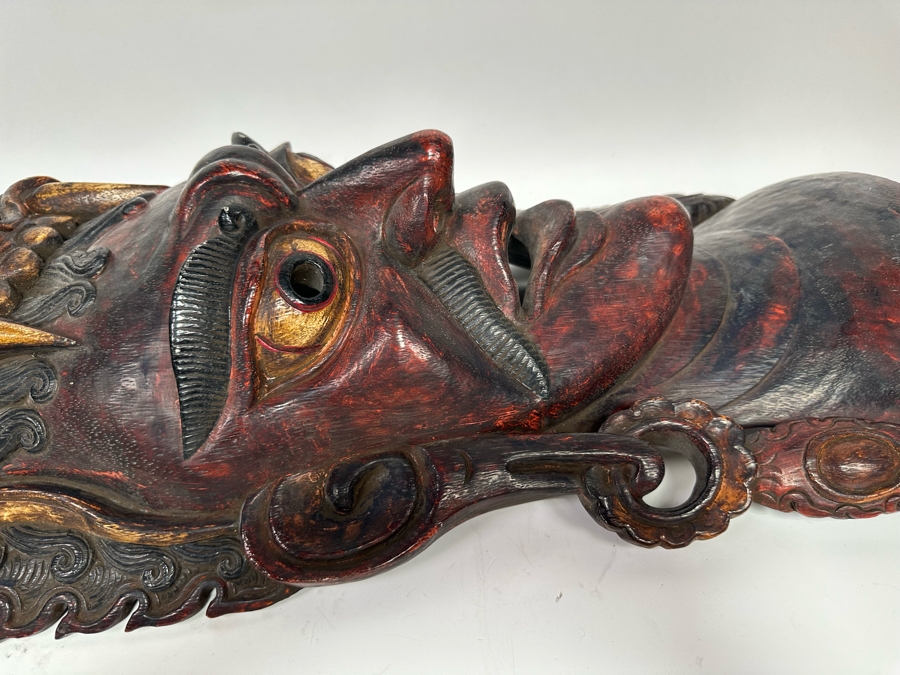 Incredible Hand Carved Far Eastern Wooden Two Faced Mask With Dragon Top 12.5W X 6D X 30.5H [Photo 23]