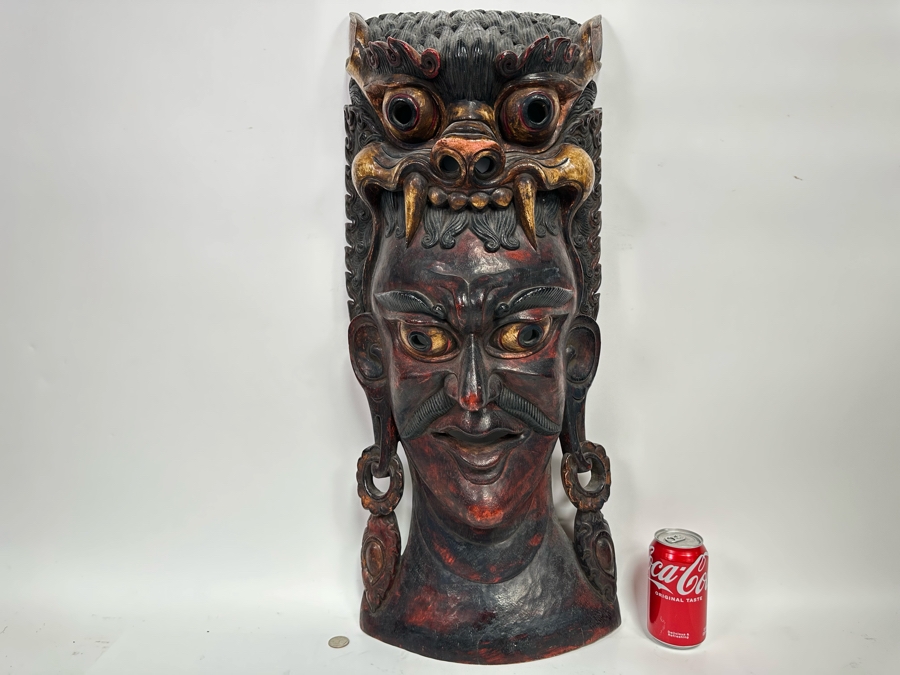 Incredible Hand Carved Far Eastern Wooden Two Faced Mask With Dragon Top 12.5W X 6D X 30.5H [Photo 13]