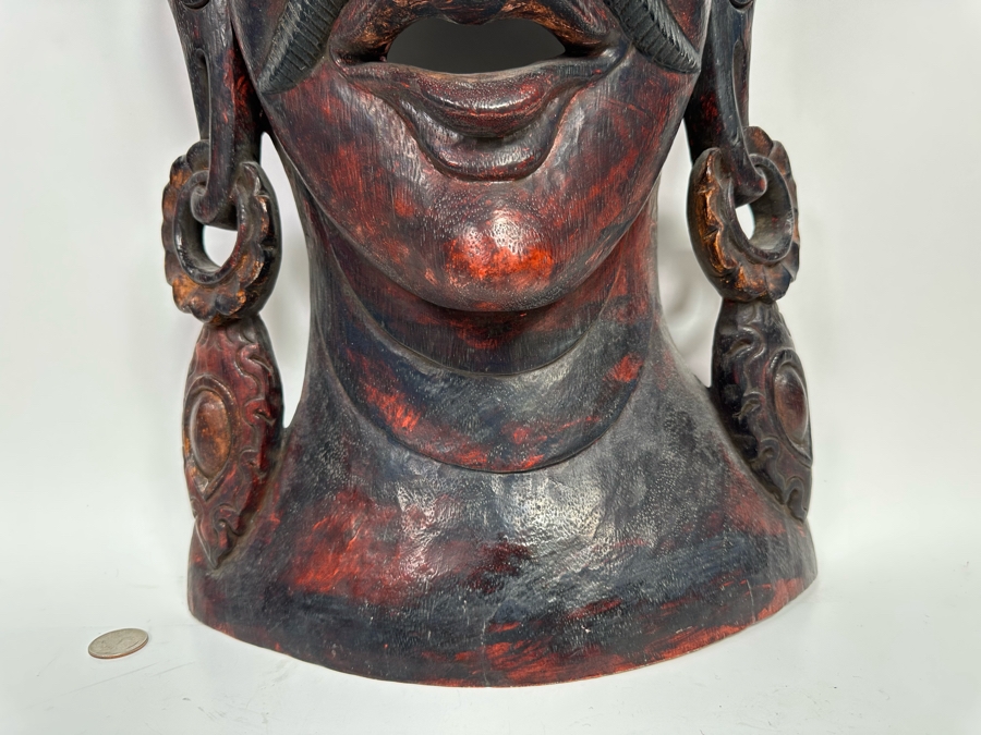Incredible Hand Carved Far Eastern Wooden Two Faced Mask With Dragon Top 12.5W X 6D X 30.5H [Photo 11]