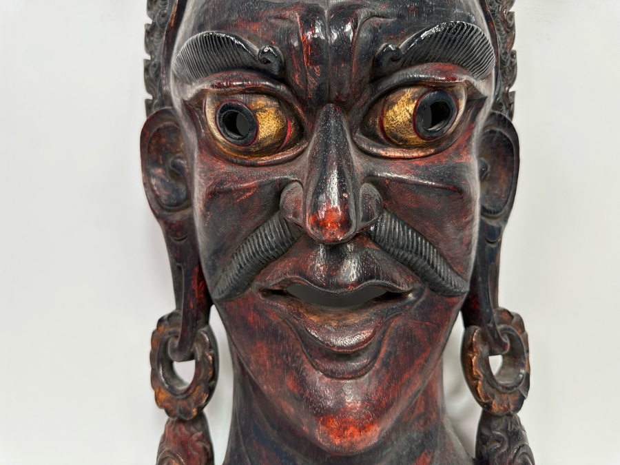 Incredible Hand Carved Far Eastern Wooden Two Faced Mask With Dragon Top 12.5W X 6D X 30.5H [Photo 5]