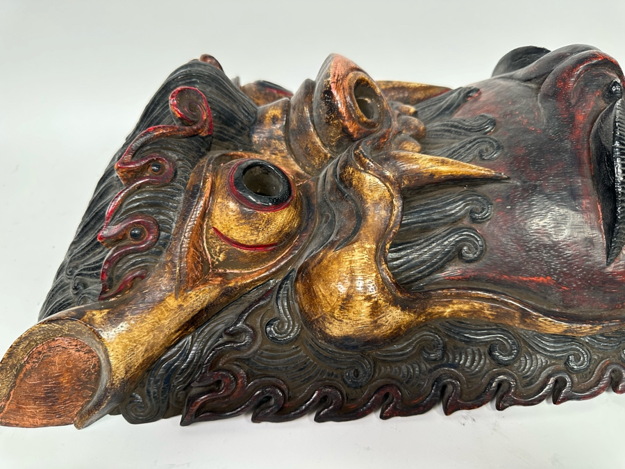 Incredible Hand Carved Far Eastern Wooden Two Faced Mask With Dragon Top 12.5W X 6D X 30.5H [Photo 21]