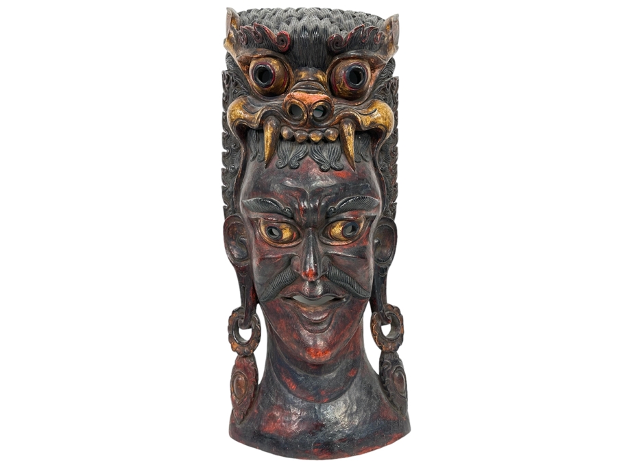 Incredible Hand Carved Far Eastern Wooden Two Faced Mask With Dragon Top 12.5W X 6D X 30.5H