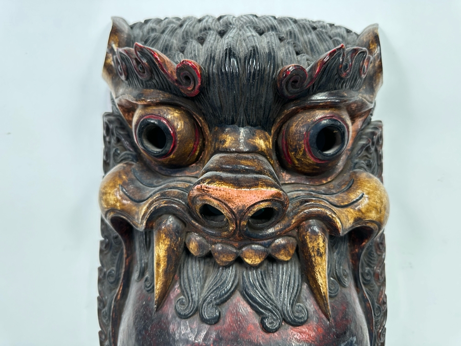 Incredible Hand Carved Far Eastern Wooden Two Faced Mask With Dragon Top 12.5W X 6D X 30.5H [Photo 6]