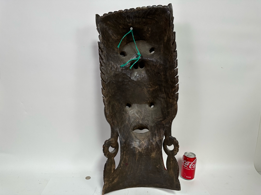 Incredible Hand Carved Far Eastern Wooden Two Faced Mask With Dragon Top 12.5W X 6D X 30.5H [Photo 16]