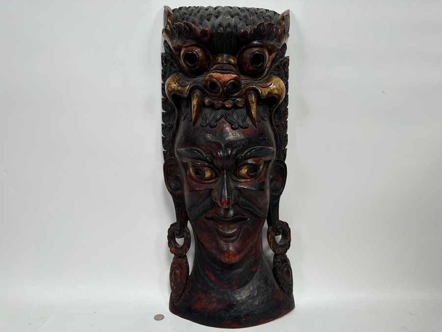 Incredible Hand Carved Far Eastern Wooden Two Faced Mask With Dragon Top 12.5W X 6D X 30.5H [Photo 4]