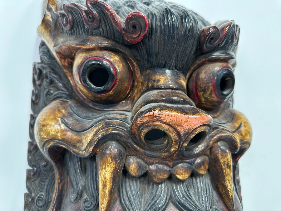 Incredible Hand Carved Far Eastern Wooden Two Faced Mask With Dragon Top 12.5W X 6D X 30.5H [Photo 8]