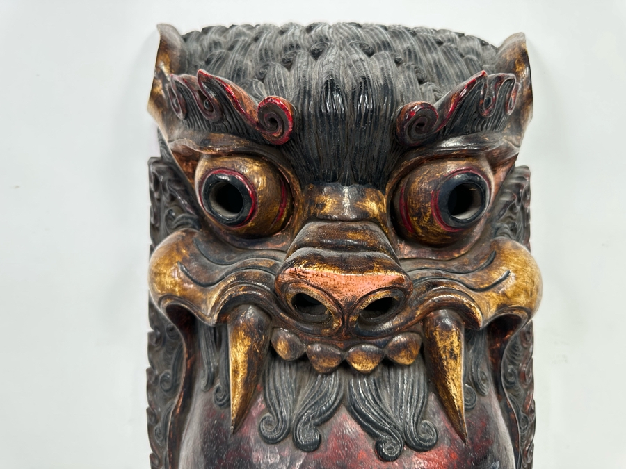 Incredible Hand Carved Far Eastern Wooden Two Faced Mask With Dragon Top 12.5W X 6D X 30.5H [Photo 15]