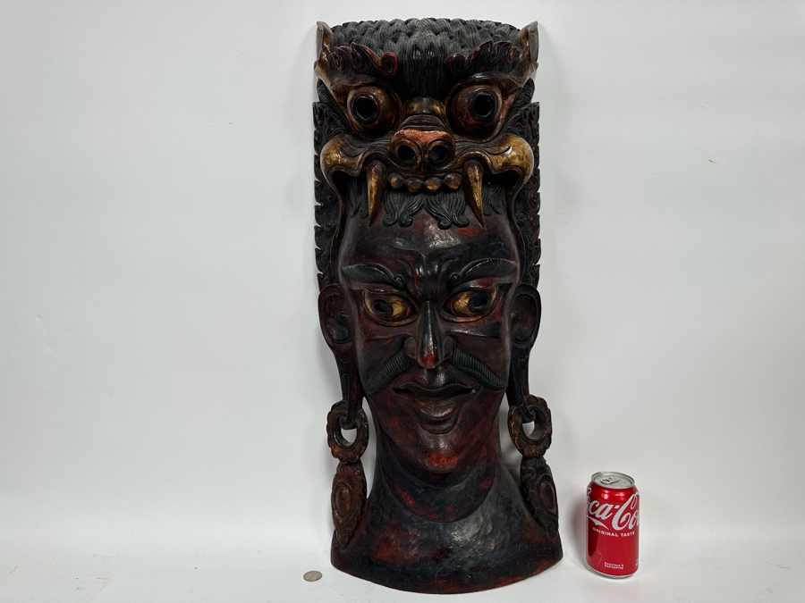 Incredible Hand Carved Far Eastern Wooden Two Faced Mask With Dragon Top 12.5W X 6D X 30.5H [Photo 14]