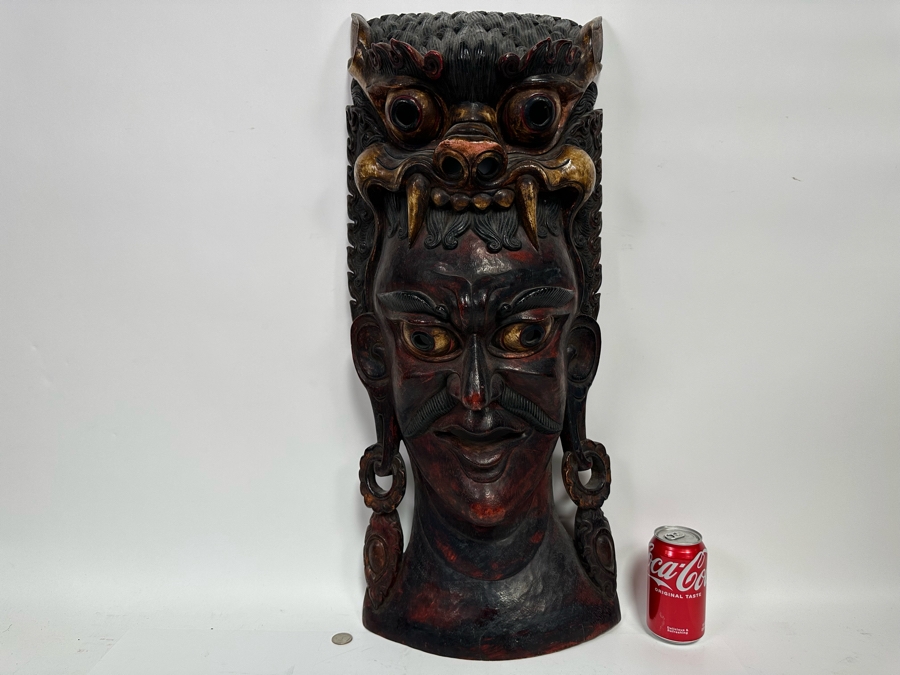 Incredible Hand Carved Far Eastern Wooden Two Faced Mask With Dragon Top 12.5W X 6D X 30.5H [Photo 12]