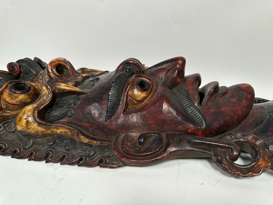 Incredible Hand Carved Far Eastern Wooden Two Faced Mask With Dragon Top 12.5W X 6D X 30.5H [Photo 22]
