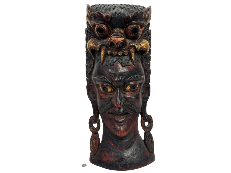 Incredible Hand Carved Far Eastern Wooden Two Faced Mask With Dragon Top 12.5W X 6D X 30.5H [Photo 2]