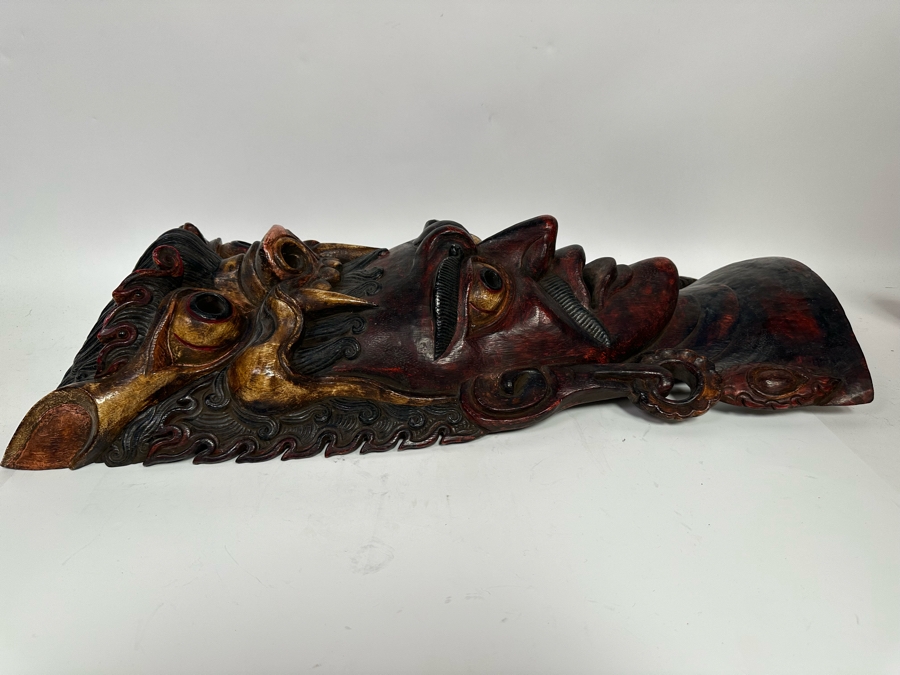 Incredible Hand Carved Far Eastern Wooden Two Faced Mask With Dragon Top 12.5W X 6D X 30.5H [Photo 20]