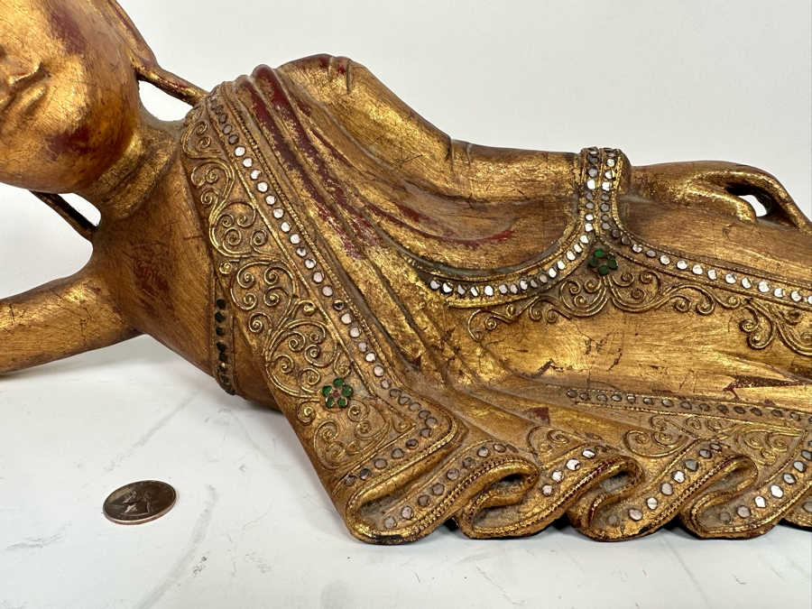 Reclining Carved Gilt Wooden Buddha Sculpture From Thailand Foot Has Been Repaired 24W X 8H [Photo 6]