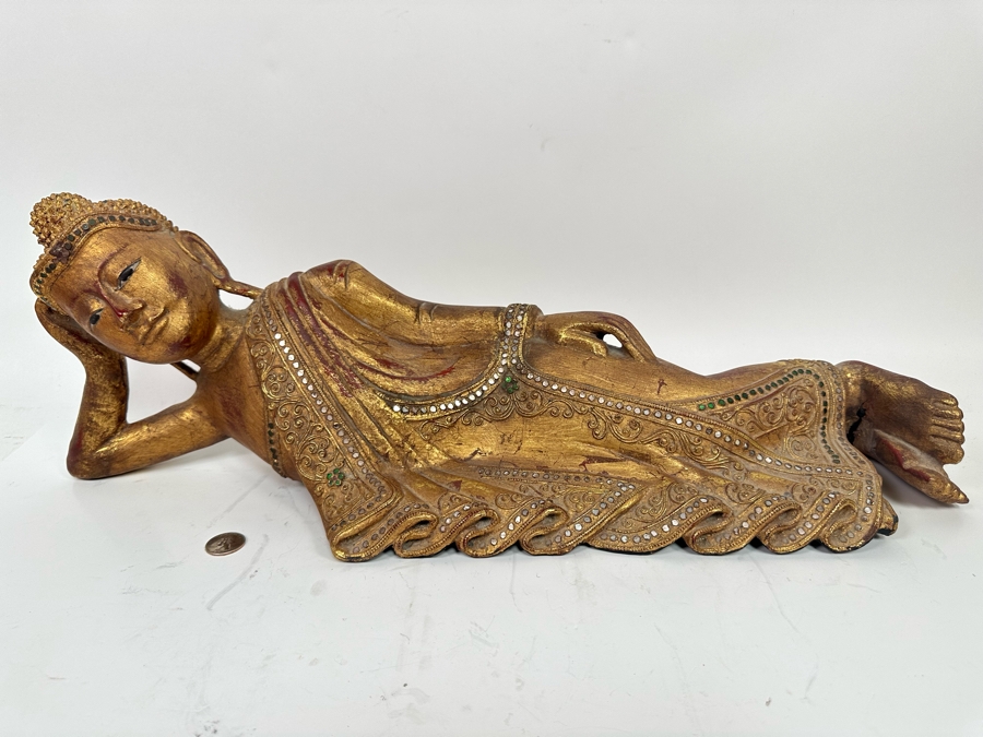 Reclining Carved Gilt Wooden Buddha Sculpture From Thailand Foot Has Been Repaired 24W X 8H [Photo 4]