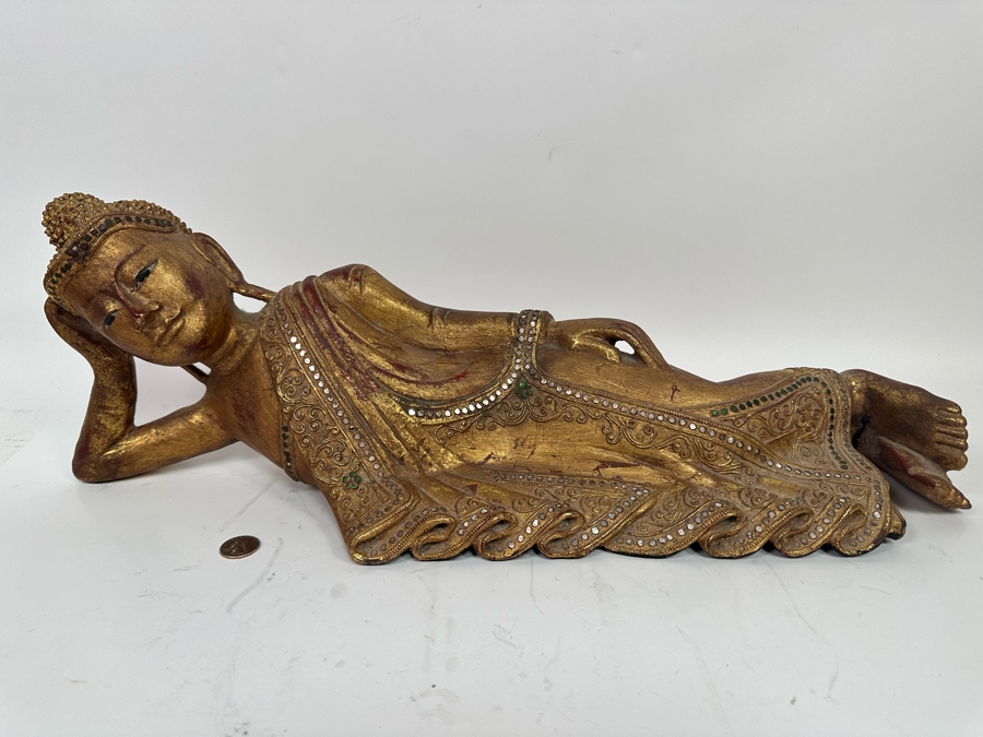 Reclining Carved Gilt Wooden Buddha Sculpture From Thailand Foot Has Been Repaired 24W X 8H [Photo 2]