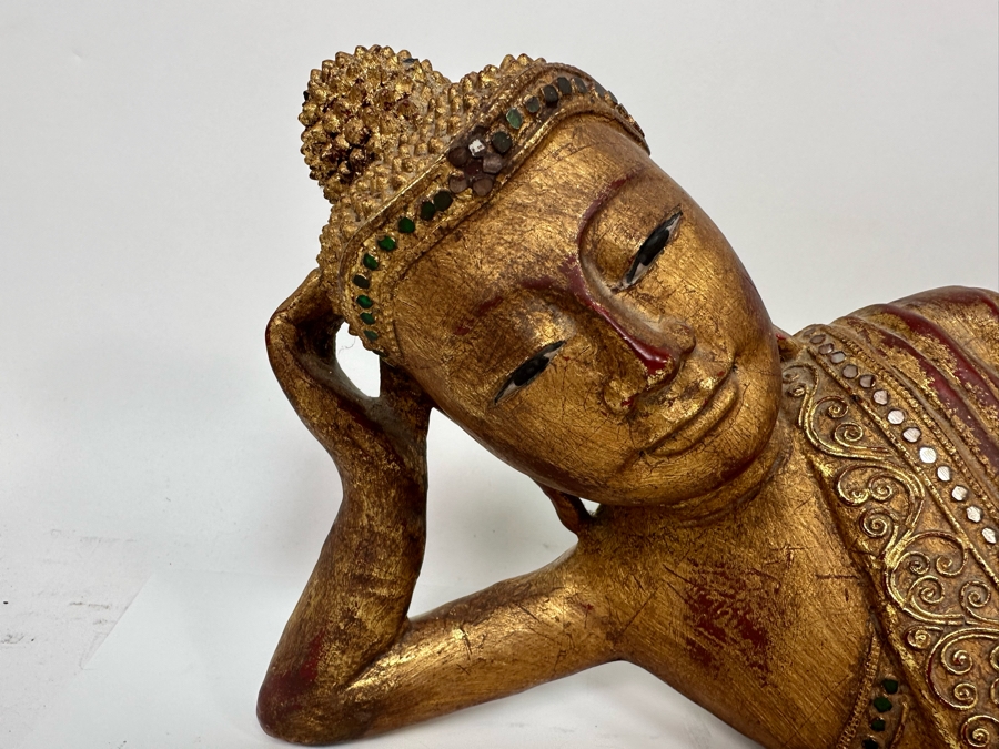 Reclining Carved Gilt Wooden Buddha Sculpture From Thailand Foot Has Been Repaired 24W X 8H [Photo 5]