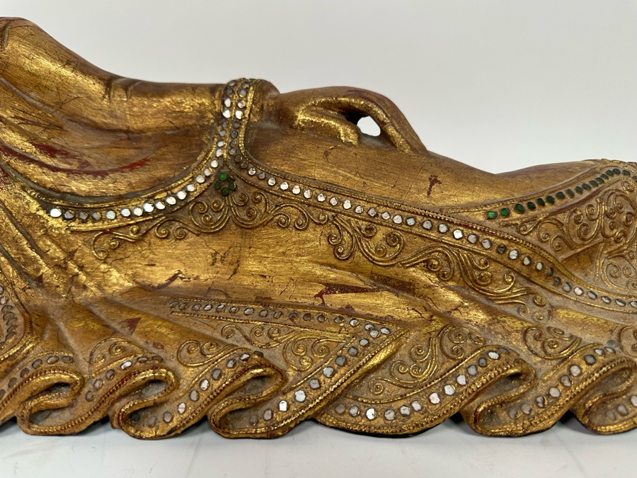 Reclining Carved Gilt Wooden Buddha Sculpture From Thailand Foot Has Been Repaired 24W X 8H [Photo 7]