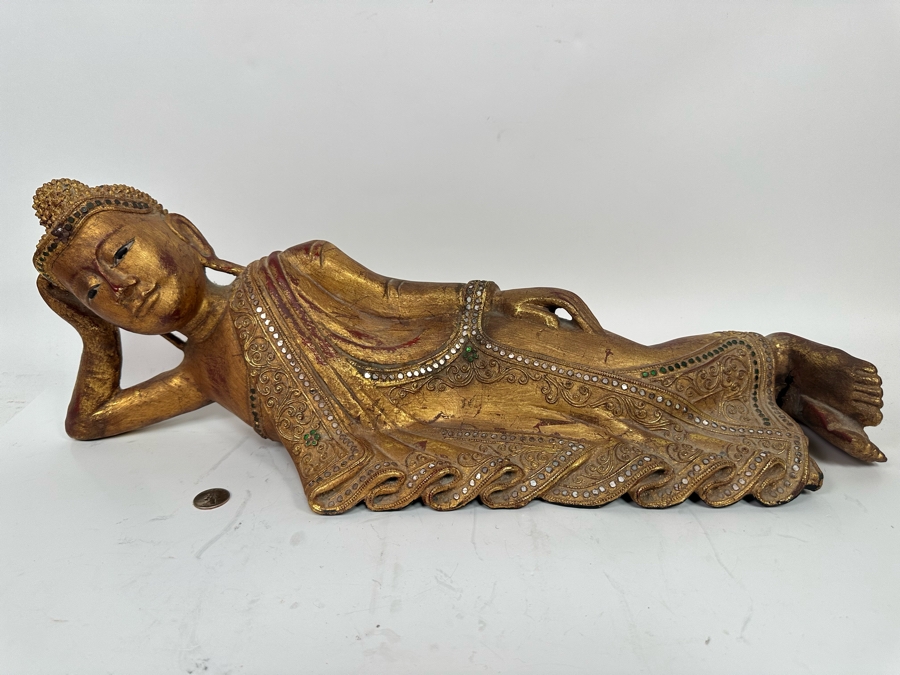 Reclining Carved Gilt Wooden Buddha Sculpture From Thailand Foot Has Been Repaired 24W X 8H [Photo 3]