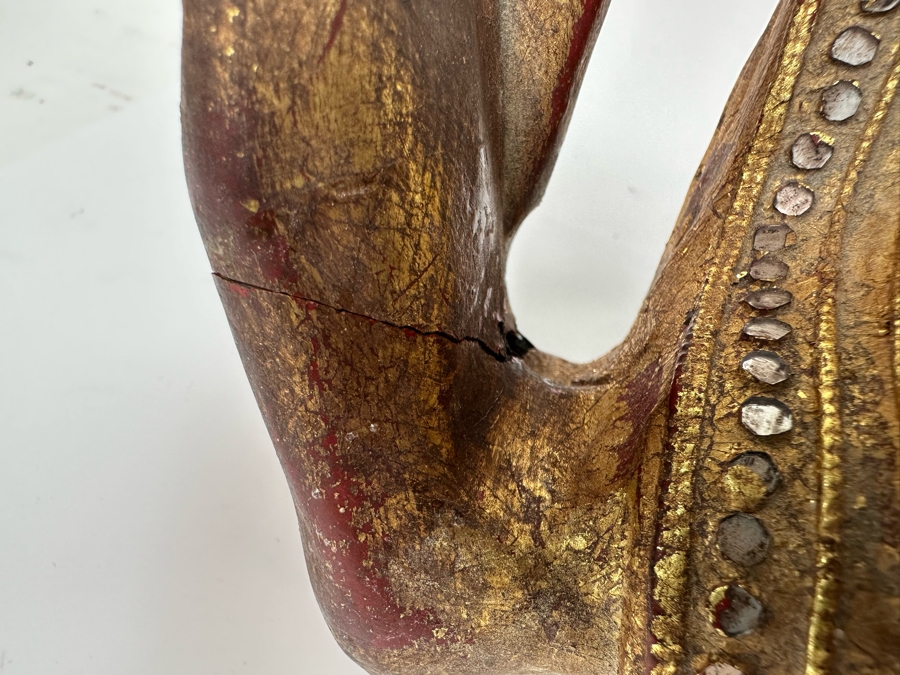 Reclining Carved Gilt Wooden Buddha Sculpture From Thailand Foot Has Been Repaired 24W X 8H [Photo 10]