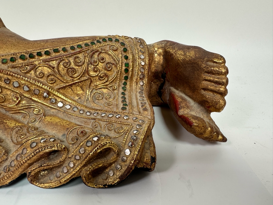 Reclining Carved Gilt Wooden Buddha Sculpture From Thailand Foot Has Been Repaired 24W X 8H [Photo 8]