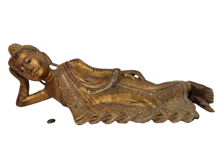 Reclining Carved Gilt Wooden Buddha Sculpture From Thailand Foot Has Been Repaired 24W X 8H