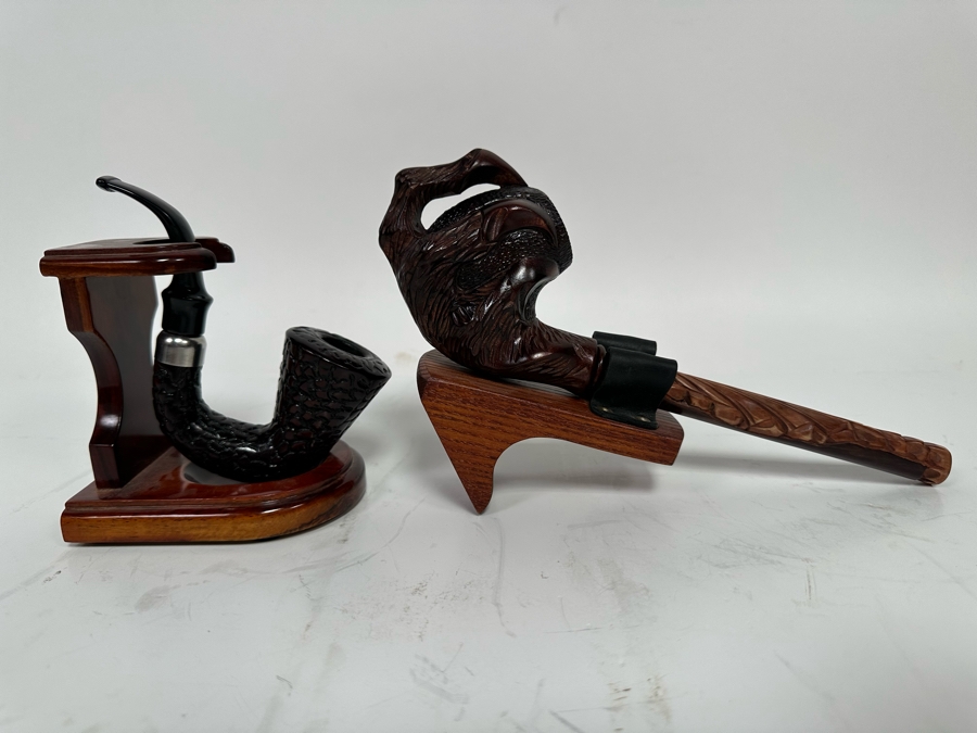 Pair Of Carved Smoking Pipes With Stands [Photo 2]