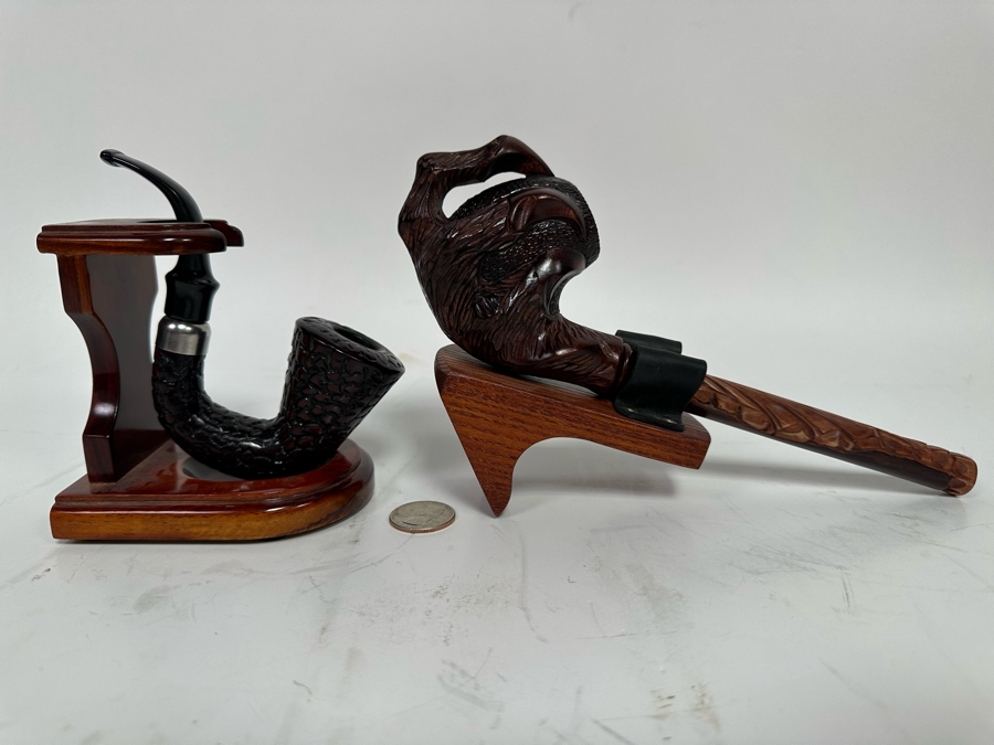 Pair Of Carved Smoking Pipes With Stands [Photo 3]