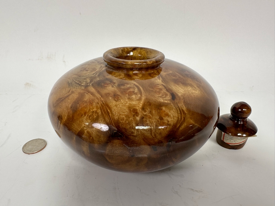 Beautiful Chinese Burled Wood Turned Urn Pot With Lid Art Piece 5.5W X 5H [Photo 10]